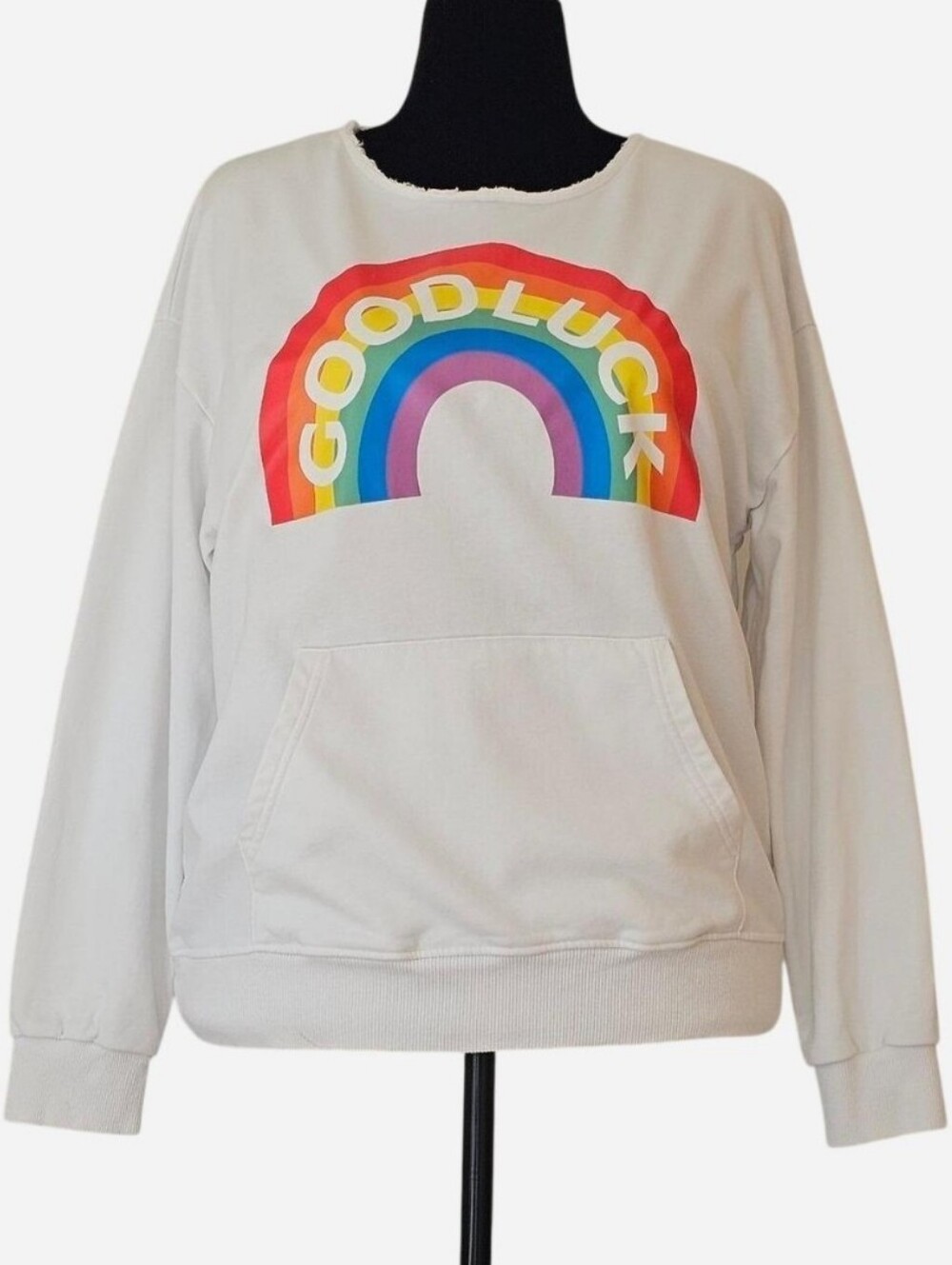 Unbranded Women's White Sweatshirt with Rainbow "GOOD LUCK" Graphic.‎ Size L